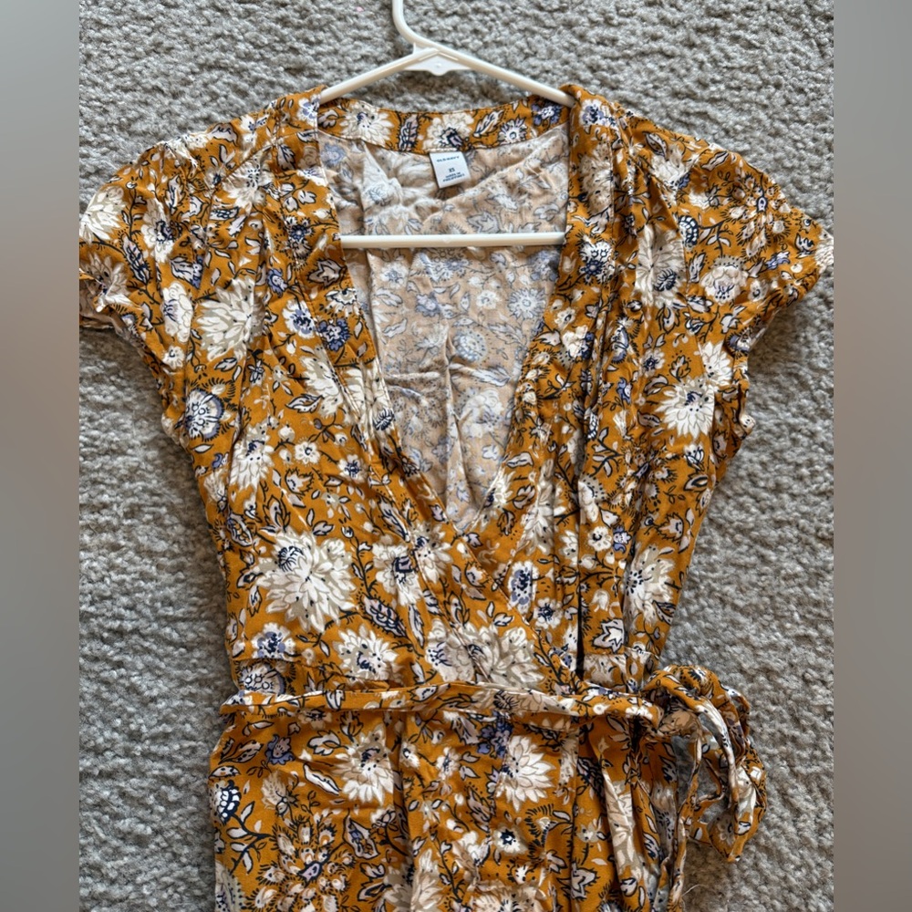 Mustard yellow floral wrap dress